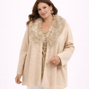 Roamans Plus Size 2X Cardigan Pearl Embellished Faux Fur Collar Ivory Knit 26/28